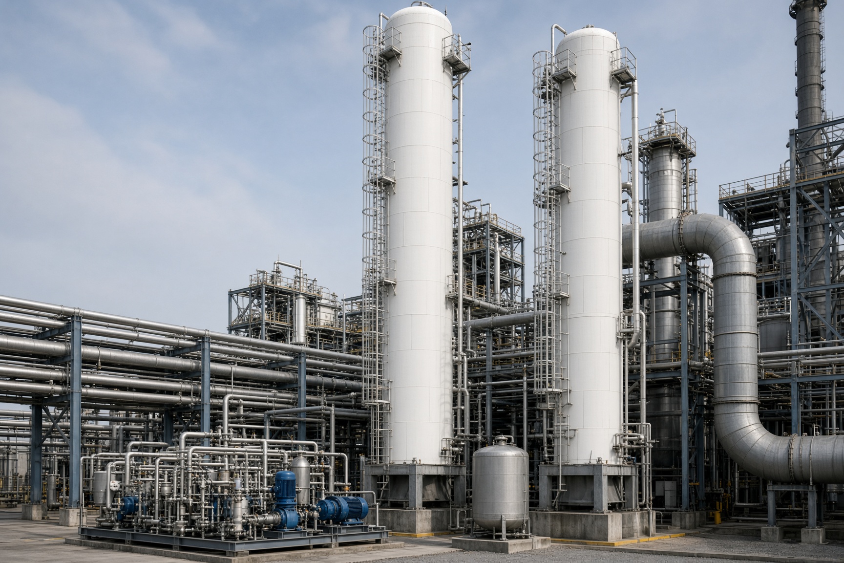 Carbon capture columns and pipework reducing emissions at an industrial plant