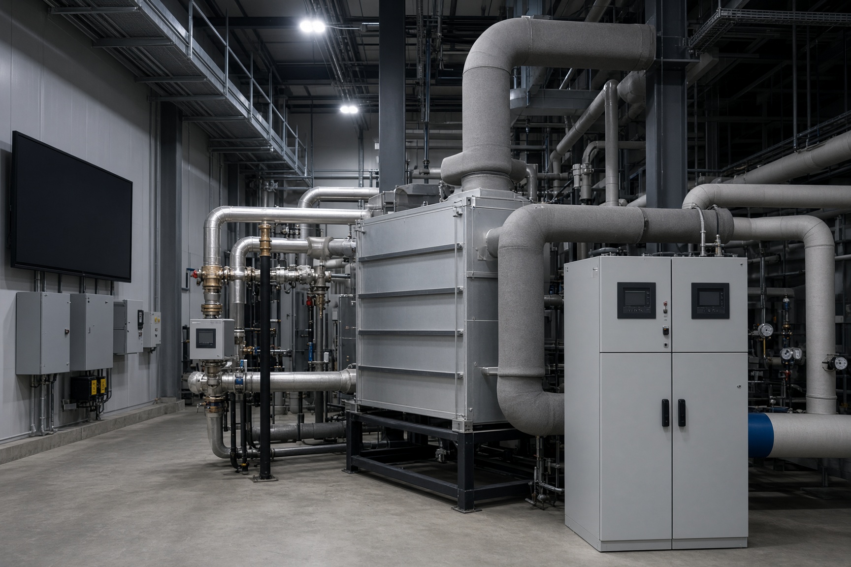 Heat recovery, variable-speed drives and insulated pipework in a plant room