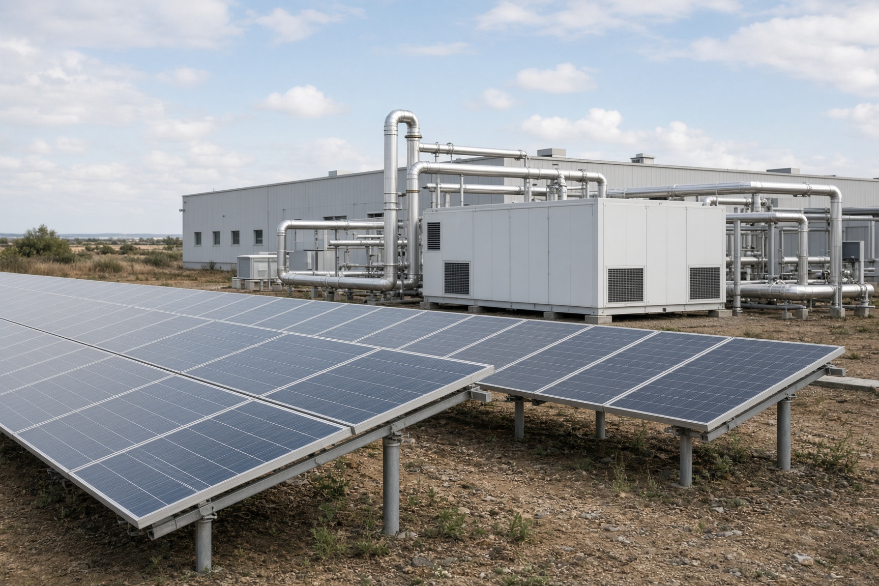 Bifacial solar trackers beside a compact combined heat and power module