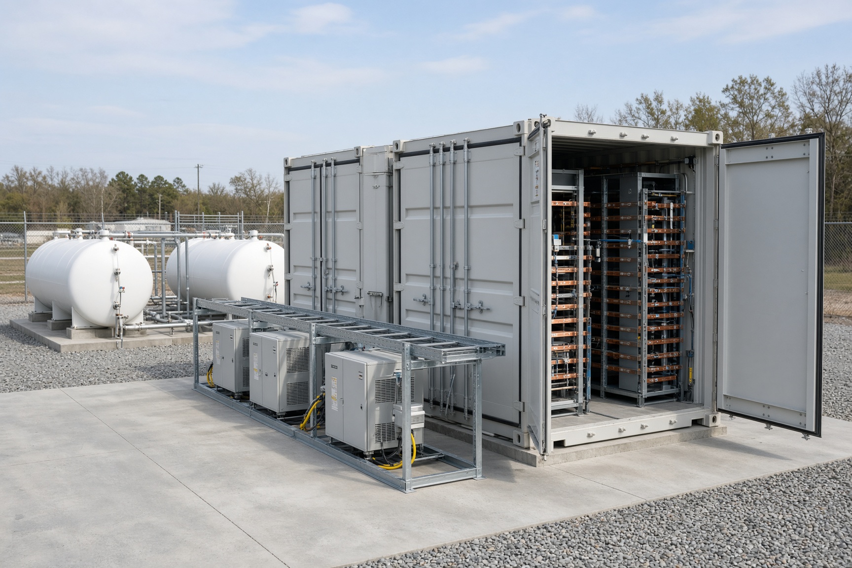 Liquid-cooled battery containers and flow-battery tanks at a storage yard